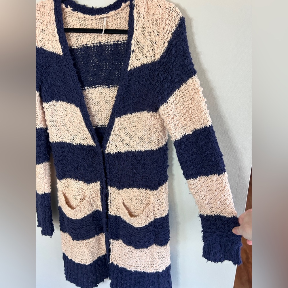 FREE PEOPLE Rugby Striped Chunky Bouclé Knit Long Cardigan Boho Cottage Size M - Picture 5 of 15
